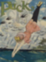 person in a 1920s swimsuit diving into a pool with a vinage backdrop