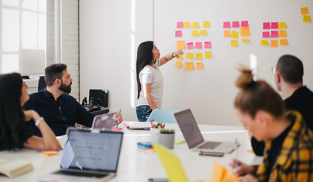 woman showcasing her ideas in a team meeting