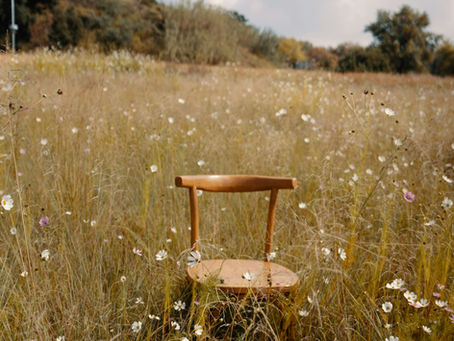 a chair sitting next to plants a table and a set of drawers