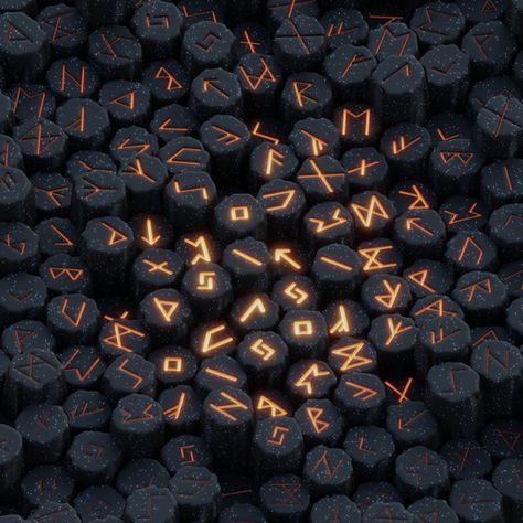 Glowing orange runes on dark, rocky surfaces create a mystical pattern, forming a starry, cosmic backdrop.