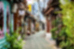 Narrow alley with colorful shops, plants lining the path, signs in Korean, and a distant person walking. Calm, vibrant atmosphere.