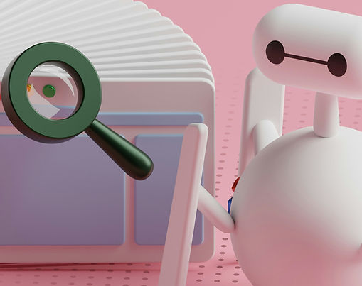 Robot with magnifying glass icon, symbolizing search engine optimization (SEO) automation