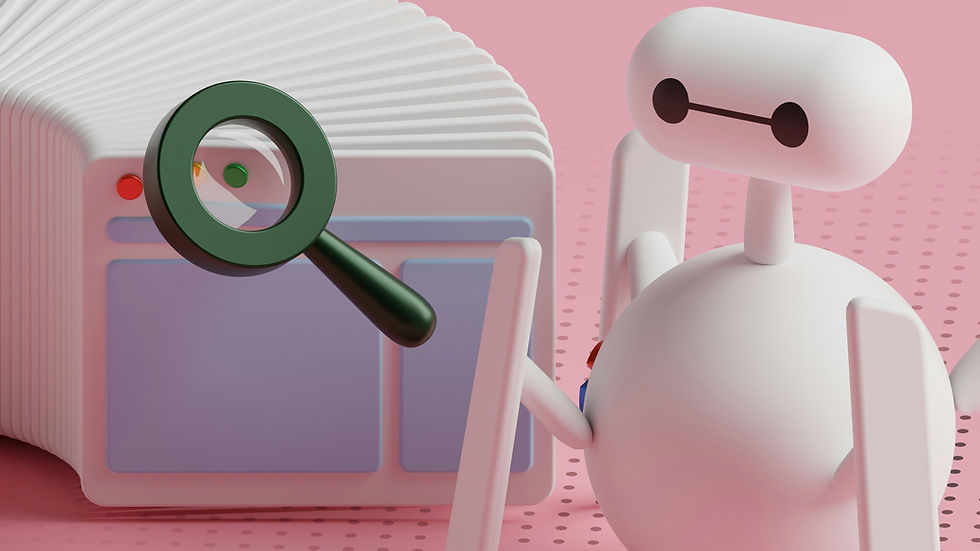 Robot with magnifying glass icon, symbolizing search engine optimization (SEO) automation
