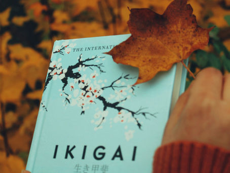 Hands holding "Ikigai" book with autumn leaves background, orange sweater visible. A yellow leaf rests on the book cover. Cozy mood.