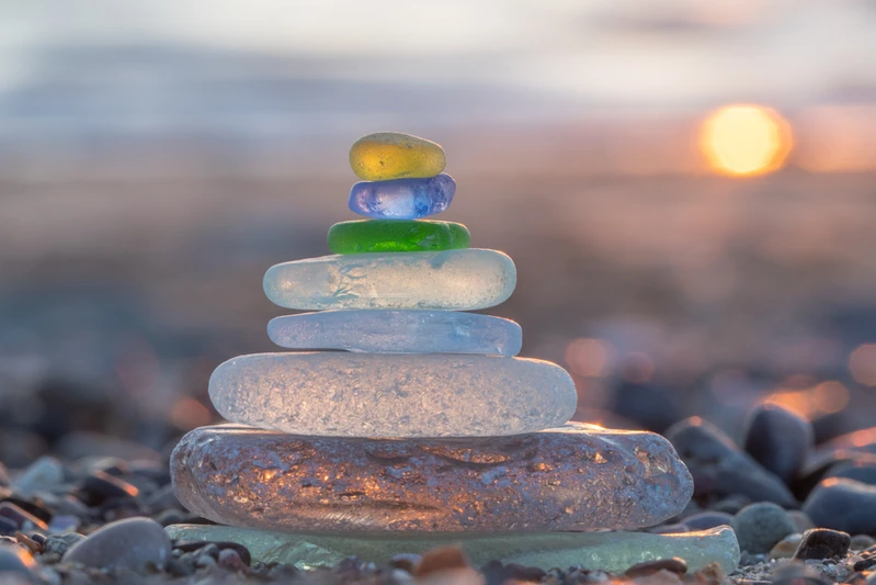 stacked stones and beach glass