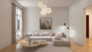 Modern living room with a light beige sofa, round wooden tables, abstract wall art, pendant lights, and a city view through large windows.