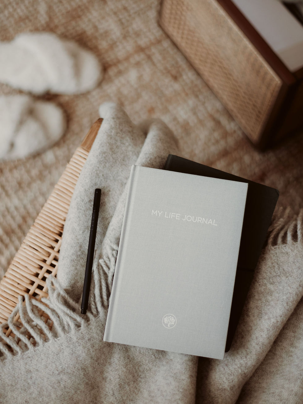 Flat lay of a journal and pen on a soft blanket beside cozy slippers, creating a peaceful space for quiet reflection and journaling with God.