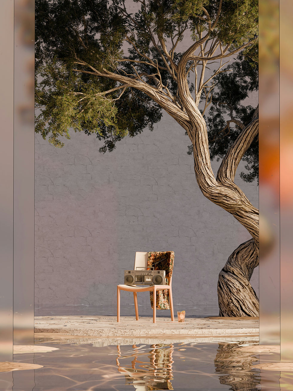un arbre avec un poste de radio sur une chaise