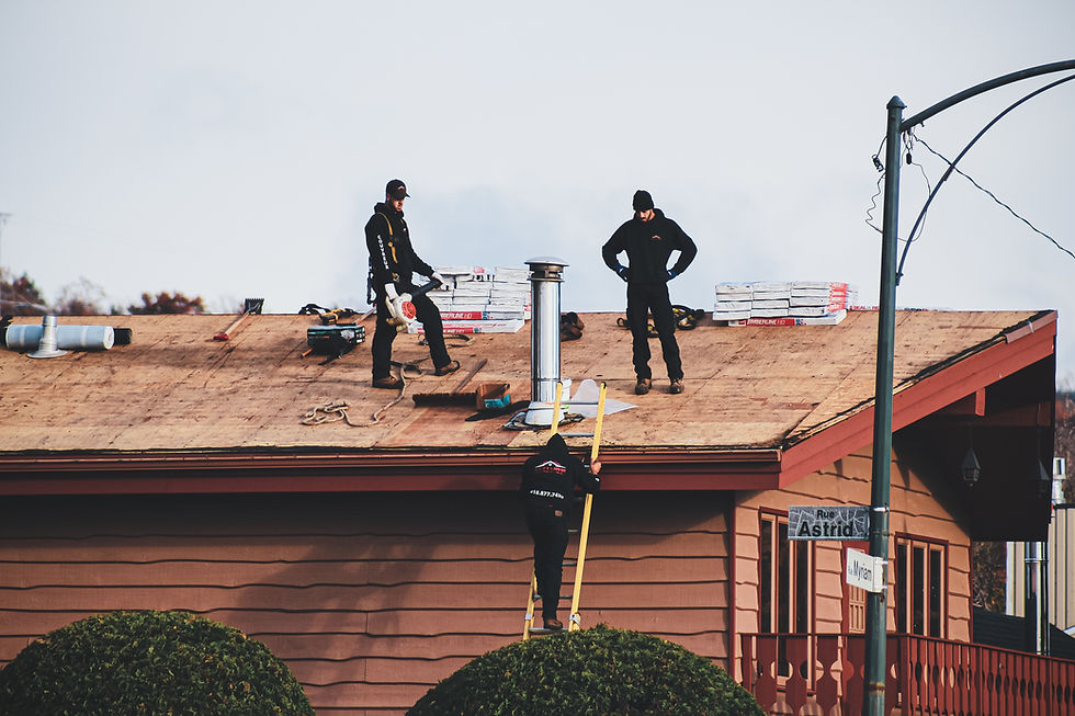 Two people repairing a roof.