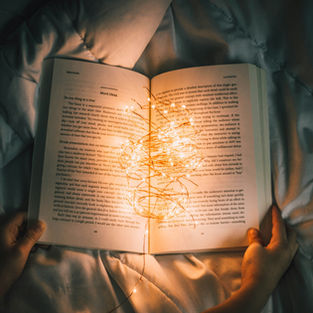 An open book with twinkle lights.