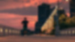 Man jogging on a bridge at sunset, silhouetted city skyline in background, pink sky, and lit street lamps. Mood is serene and focused.