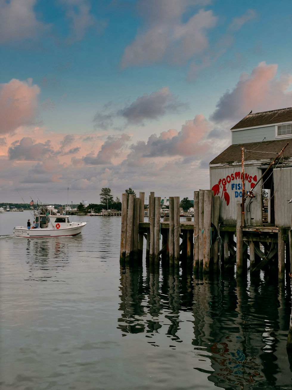 Fishing boat docked near a weathered fish dock under a sunset sky in Southampton