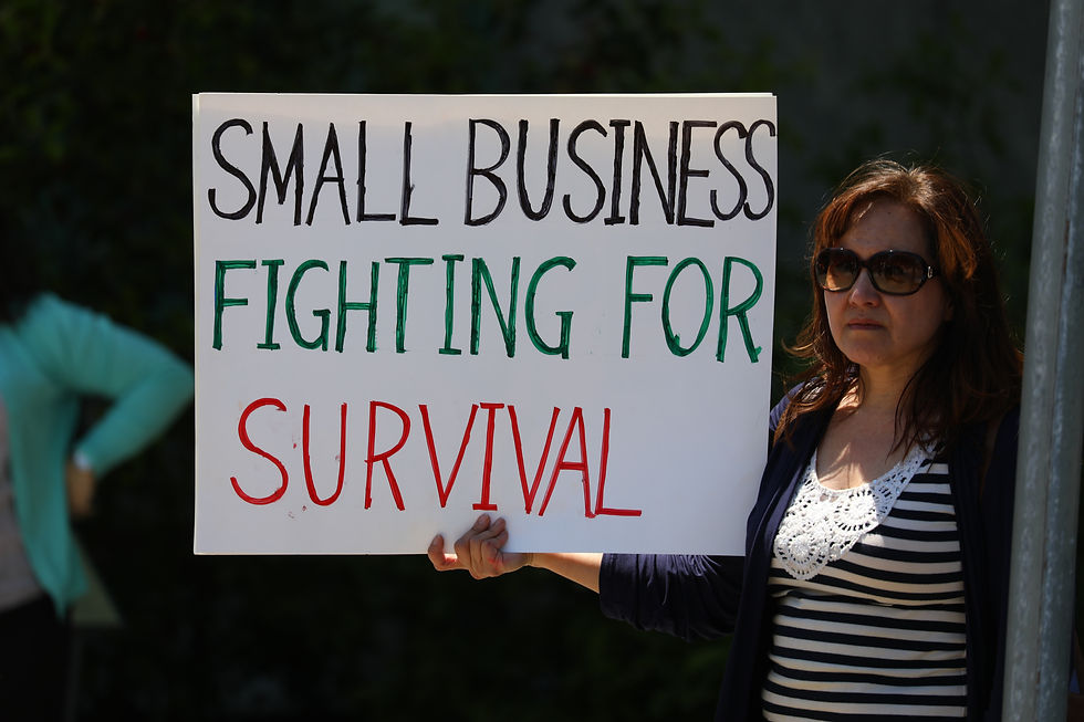 Person holding a sign that says 'Small Business fighting for survival'