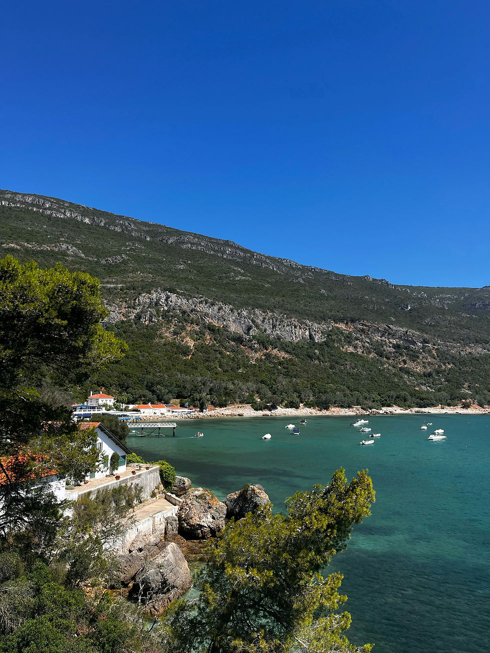 Portinho da Arrábida bay with clear water and mountain views.