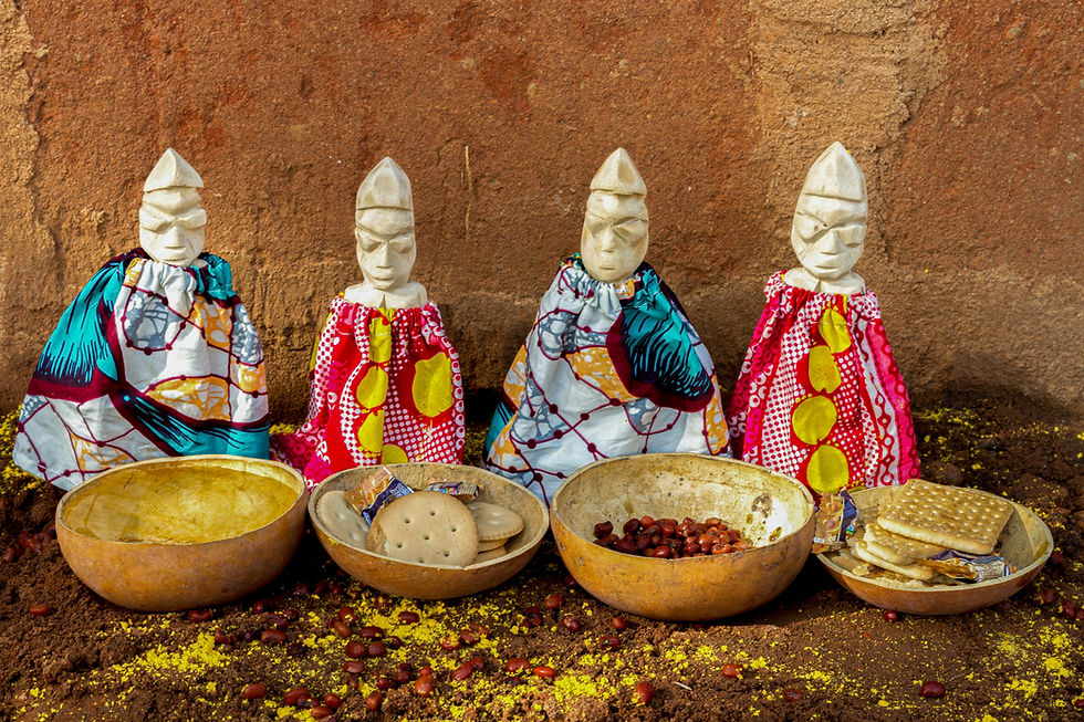 Close-up view of a traditional Hoodoo altar adorned with vibrant artifacts
