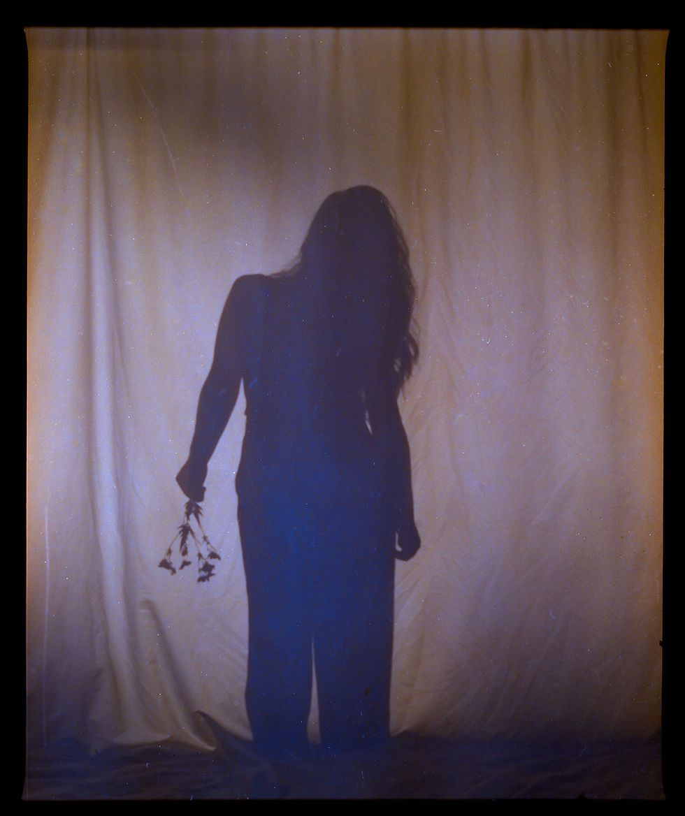 Silhouette of a person holding flowers against a beige curtain. Moody atmosphere with a soft gradient of blue and orange light.