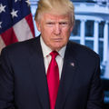 Donald Trump in a suit with a red tie stands in front of the White House backdrop, looking serious. An American flag is visible to the left.