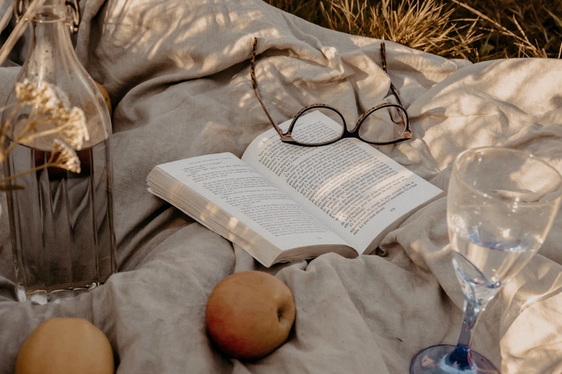 An open book with glasses resting on its pages, peaches, a glass of water, and a bottle arranged on a soft blanket outdoors, creating a warm and peaceful gratitude-inspired scene.