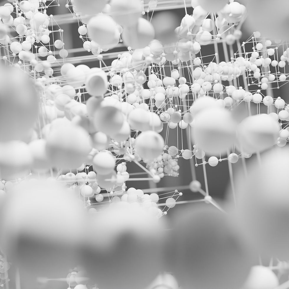 Close-up of a complex white molecular structure with spheres connected by lines. Abstract design, monochrome palette, intricate forms.