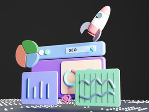 3D illustration of SEO tools with a colorful pie chart, a rocket, and a bar graph on a dark background, conveying a modern, analytical theme.