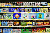 Photo of packaged beers on a shelf