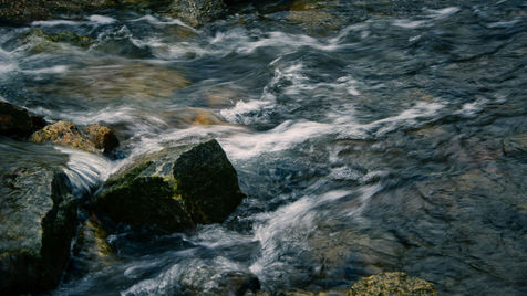 Rushing creek water swirls over mossy rocks, creating white streaks in a rugged, natural riverbed.