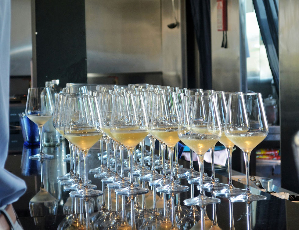 Glasses of white wine grouped together on a bar
