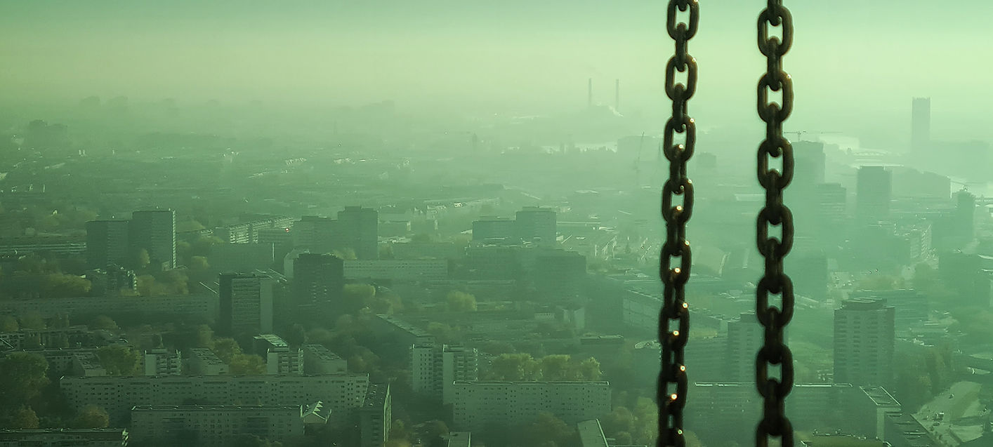 Chains suspended in fog, symbolising how words bind or limit thought.