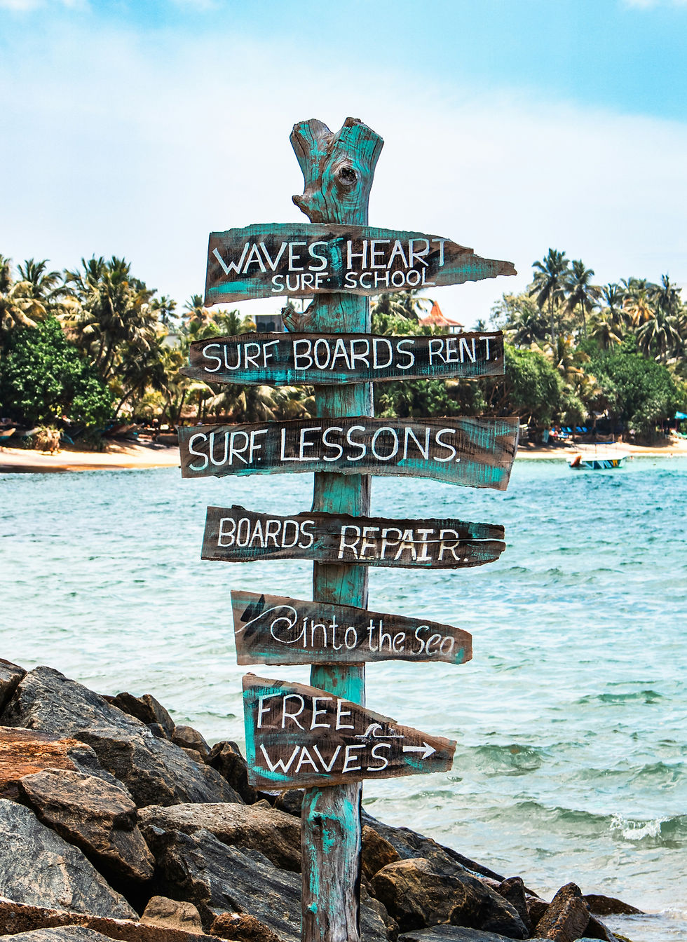 Wooden surf school signs on a Sri Lanka travel guide beach