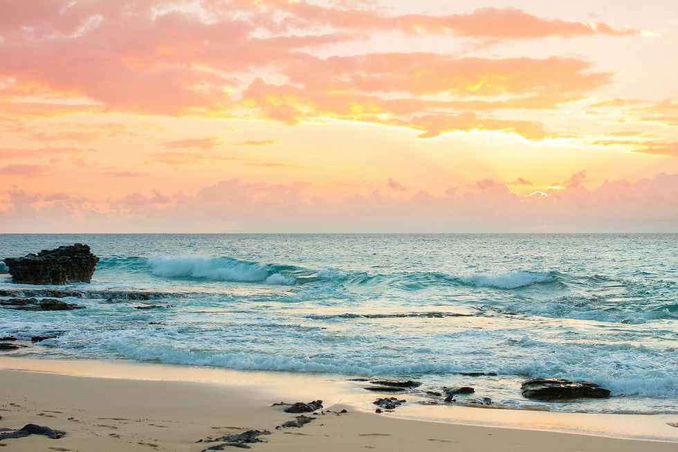 Pink-orange sunset over a rocky beach, with rolling waves and foamy surf under a calm pastel sky.