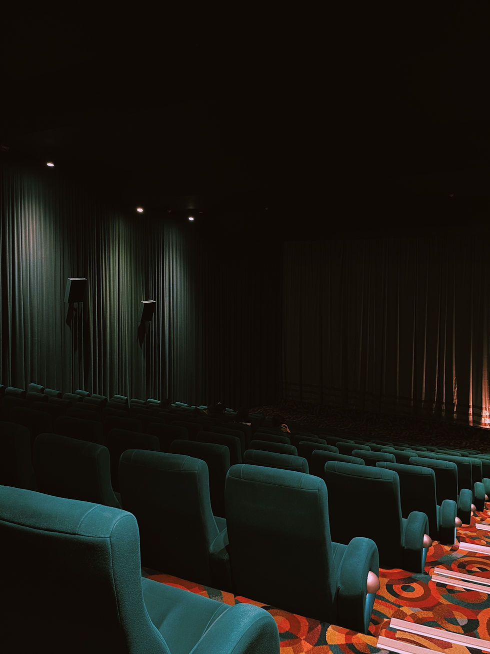 A photo of a few people in a dimly lit movie theater.