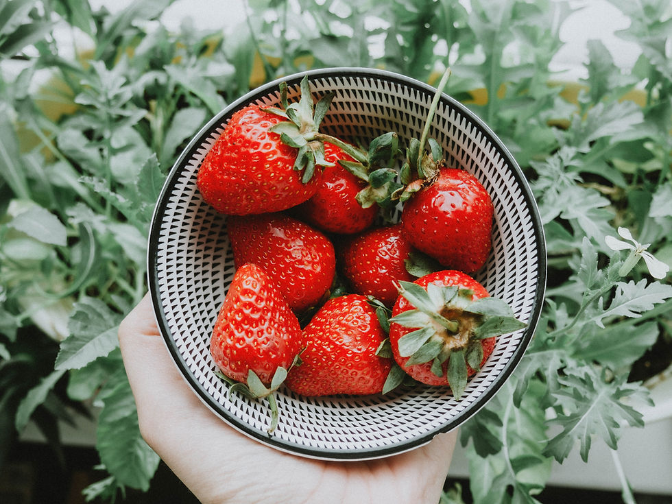 Strawberries in a bowl that someone is holding