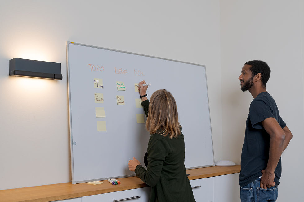 mulher e homem em frente de um quadro escrevendo uma série de post-its