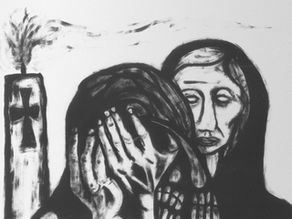 Black and white abstract painting of two figures with expressive faces; one covers their face with hands. A smokestack with a cross looms.