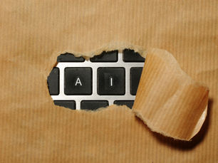 Keystrokes of "A" and "I" are revealed beneath torn brown paper, symbolizing the hidden potential and emergence of artificial intelligence.