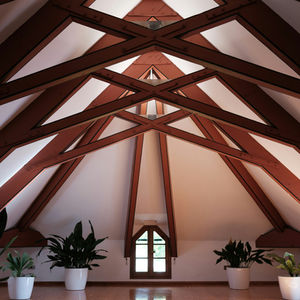 Wooden attic with exposed beams, featuring four potted plants on a polished floor. Sunlight filters through a small arched window.