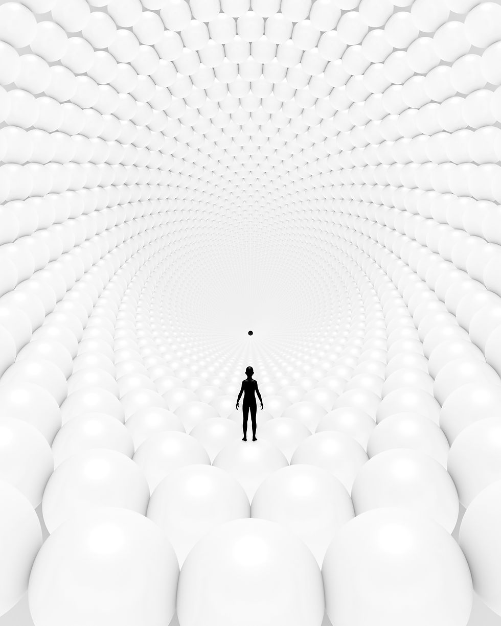 Black silhouette stands in a white tunnel of repeating spheres, facing a small black dot in the distance.