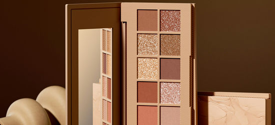 Eyeshadow palette with neutral shades and mirror