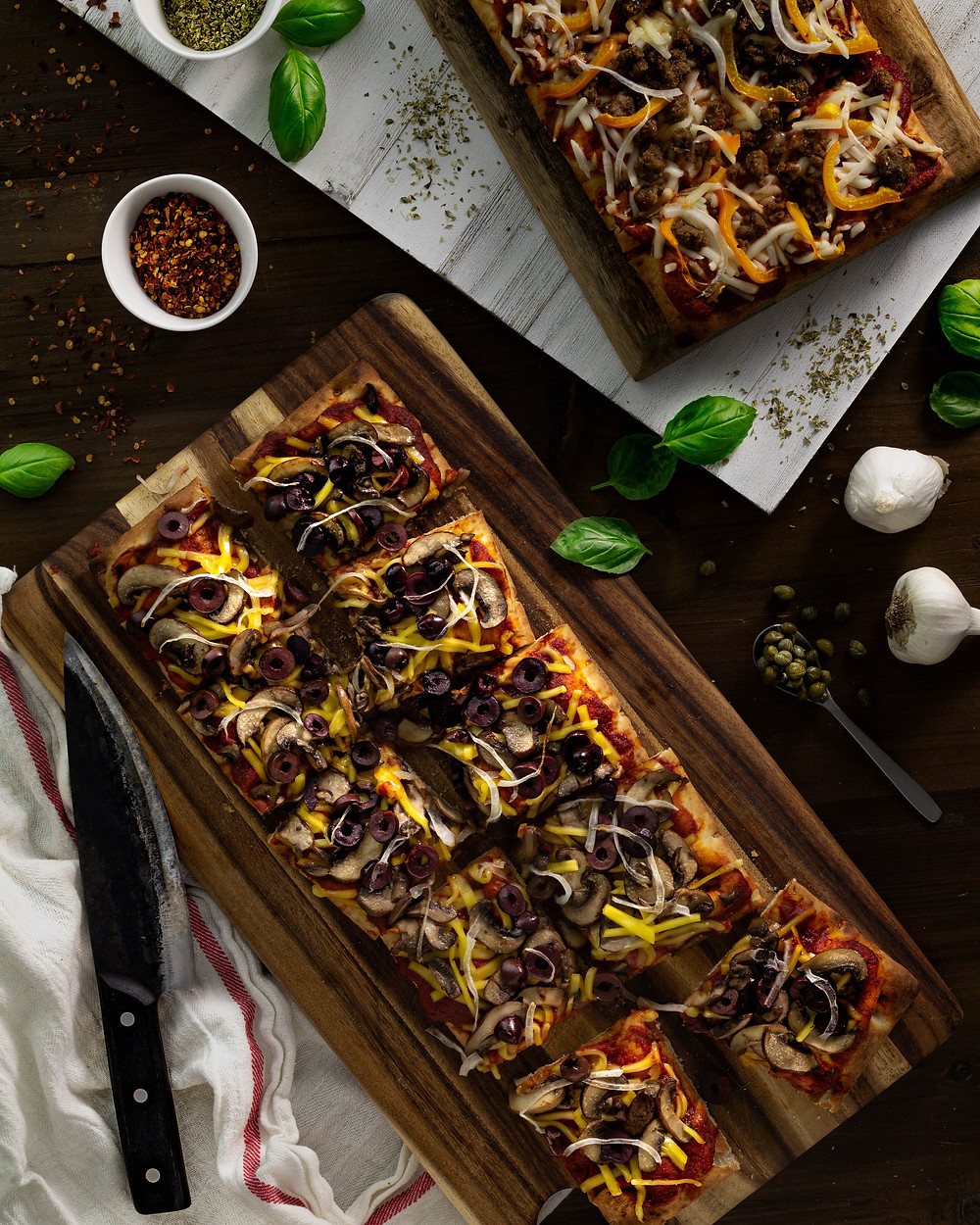 Pizza squares on cutting board