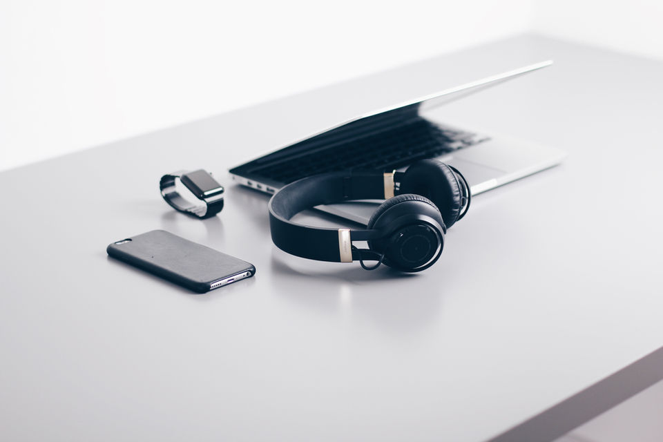 Laptop, cellphone, smartwatch, headset