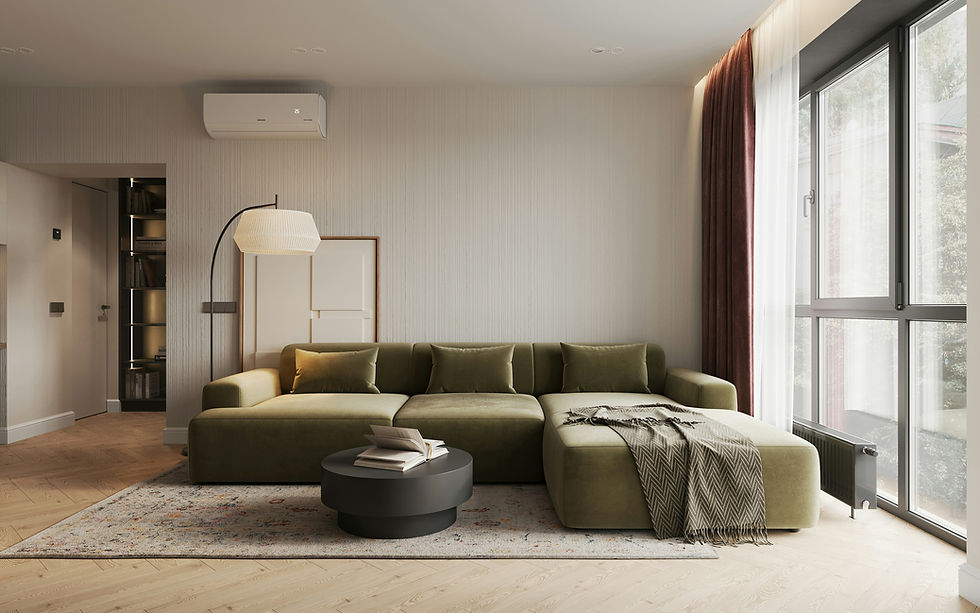 Modern living room with a green sectional sofa, a herringbone throw, round coffee table, floor lamp, large windows, and burgundy curtains.