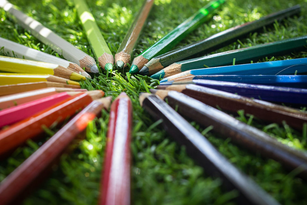 a circle of rainbow colored pencils in grass