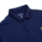 Close-up of The Fairway Polo collar in navy blue.