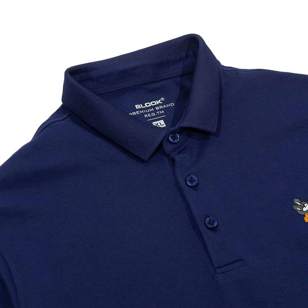 Close-up of The Fairway Polo collar in navy blue.