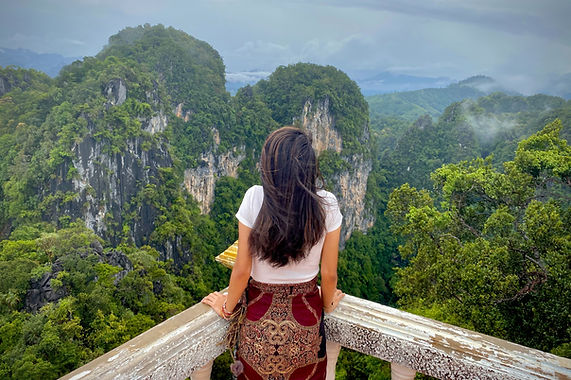 "Woman standing on a bridge overlooking the lush rainforest, surrounded by vibrant greenery linking to Vacayzing's rainforest