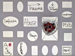 White tiles with words like Trauma, Abuse, and Fear on a gray background. A heart-shaped glass reveals a red flower inside. Mood: tense.