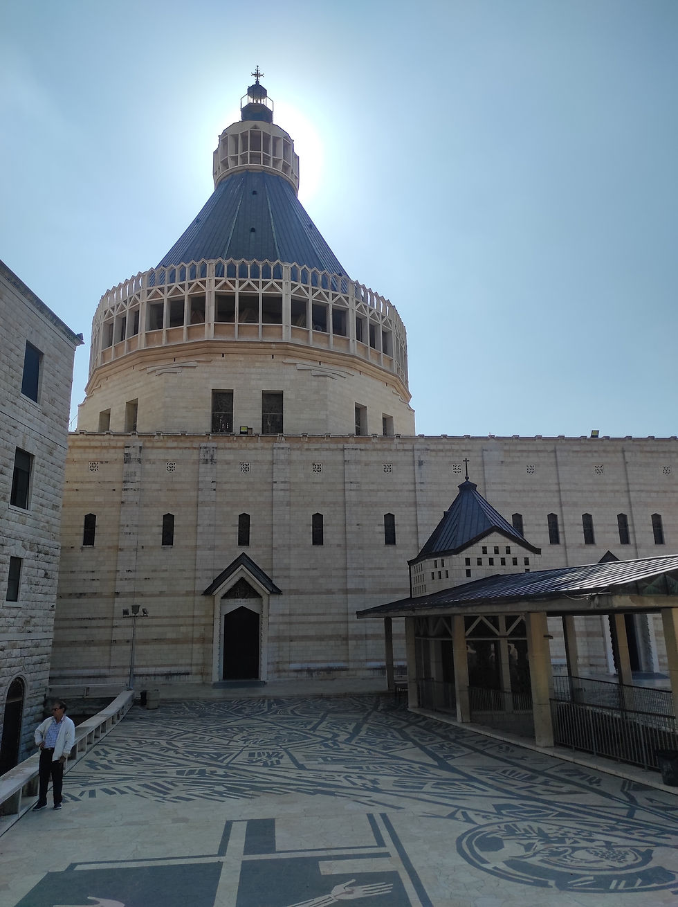 The magnificent octagonal dome of the Basilica of the Annunciation in Nazareth, backlit by the sun during a private tour of the Galilee.
