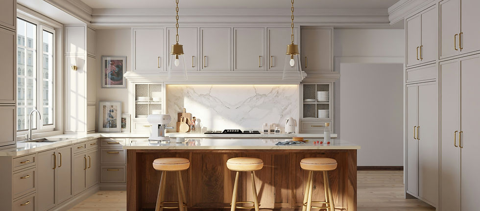 Modern kitchen with white cabinetry, marble backsplash, and wood island with three stools. Sunlit room, pendant lights, mixer on counter.