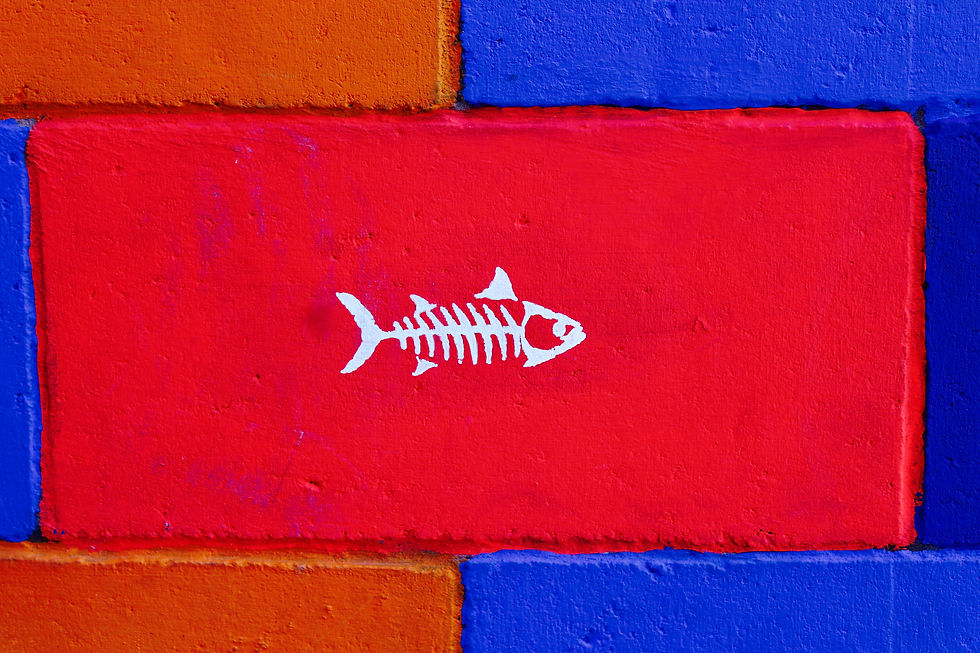 Ziegelwand in blau und rot mit einem Fischgraetengrafiti in weiß