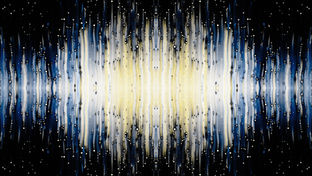 Abstract image with vertical streaks of blue, black, and yellow, creating a mirrored effect. White dots resemble stars, evoking an AI Discovery phase with 360 strategy